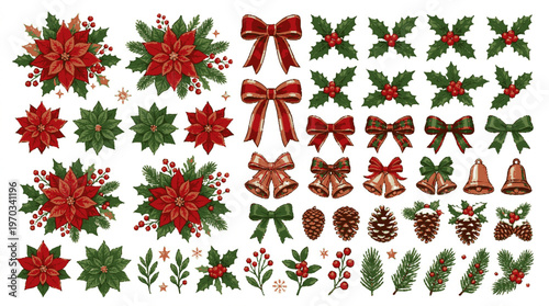 Christmas decorations collection with bows holly poinsettias pinecones and bells on white background for holiday design