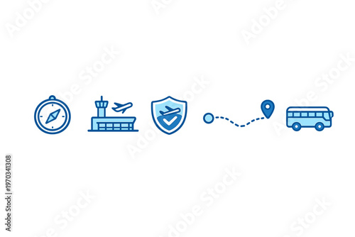 Set of five blue travel-themed icons featuring a compass, an airport