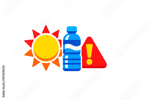 This minimalist graphic shows a yellow sun, a blue plastic water