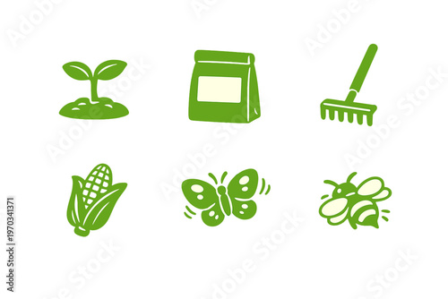A set of six green gardening and agriculture icons featuring a