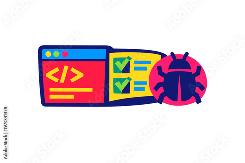 A colorful vector illustration representing software debugging and