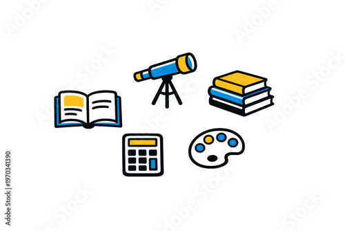A collection of flat vector icons representing various school