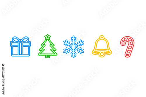 A row of five colorful Christmas icons featuring a blue gift box, a