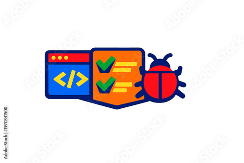 A flat vector illustration representing software testing and