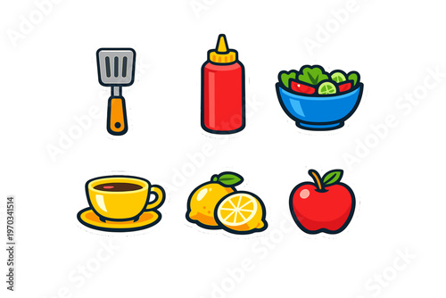 Collection of cartoon food icons featuring a spatula, ketchup bottle