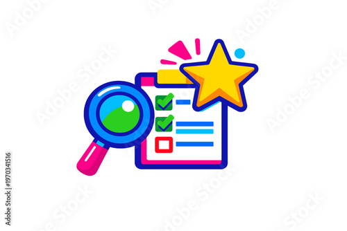 Vibrant illustration of a magnifying glass next to a clipboard with a