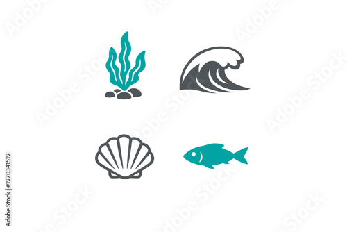 A collection of four minimalist marine icons featuring a teal seaweed