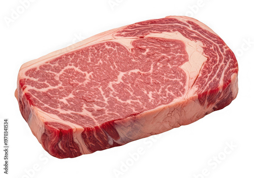 A high quality raw ribeye steak with visible marbling ready for cooking in a restaurant kitchen isolated on transparent background