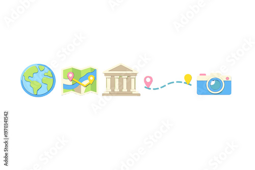 A collection of travel and tourism icons including a globe, a paper