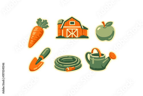 Set of vintage-style farm stickers featuring a carrot, barn, apple