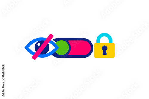 This flat vector graphic displays a hidden eye icon, a sliding toggle