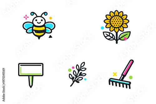 Set of five gardening icons including a smiling bumblebee, a yellow