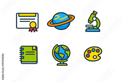 A set of six colorful educational icons featuring a diploma, Saturn