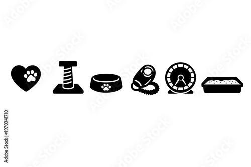 A collection of black pet care icons including a heart with a paw