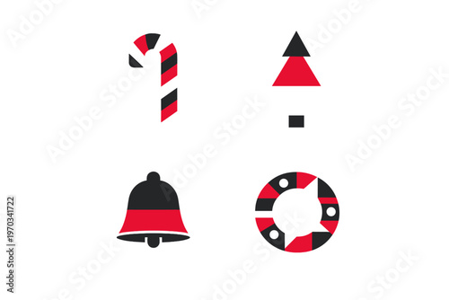 A set of four minimalist Christmas icons including a striped candy