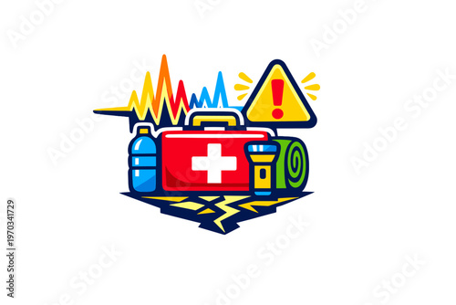 Vector illustration of an earthquake preparedness kit with a first
