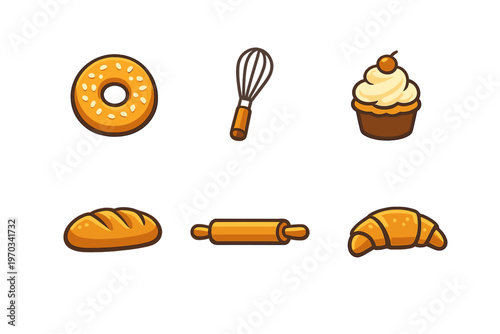 A set of six stylized bakery icons including a donut, whisk, cupcake