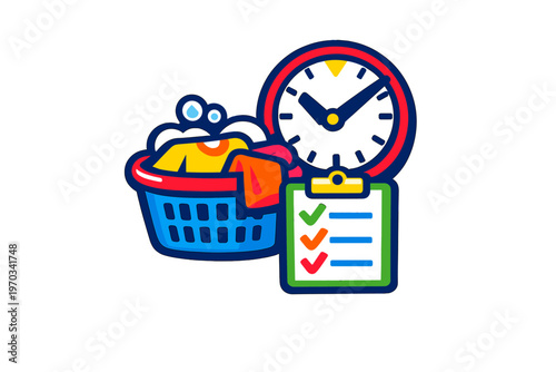 This vector illustration shows a blue laundry basket with soapy