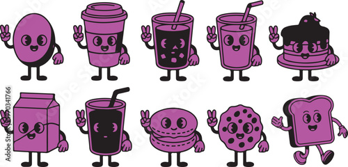 Retro Cartoon Characters of Breakfast Food and Drinks Making Peace Signs