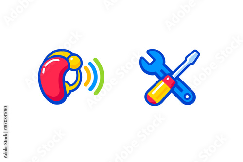 A colorful illustration of a red hearing aid with signal waves beside