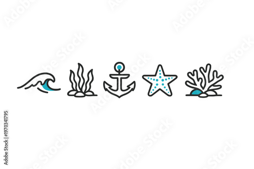 A collection of five minimalist nautical icons including a wave