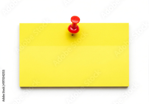A bright yellow sticky note secured with a red push pin