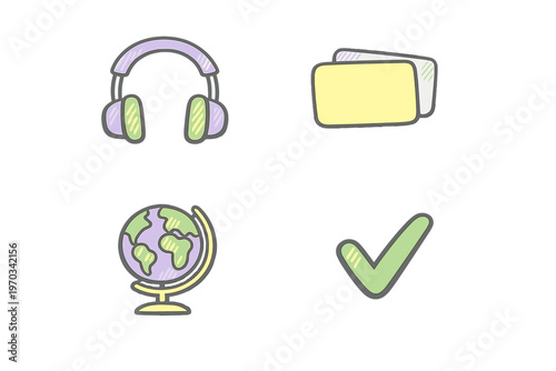 A collection of four hand-drawn icons including headphones, folders