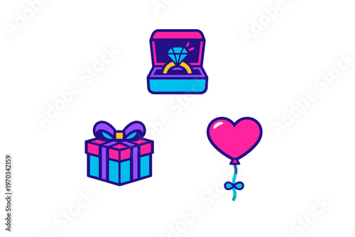 A collection of three vibrant vector icons featuring a diamond