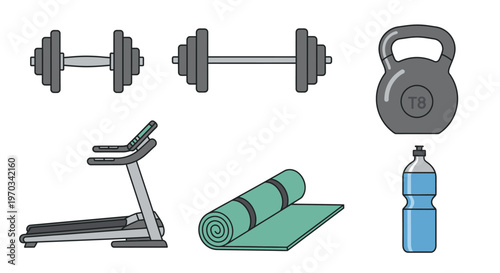 Gym equipment illustration dumbbells kettlebell treadmill yoga mat and water bottle