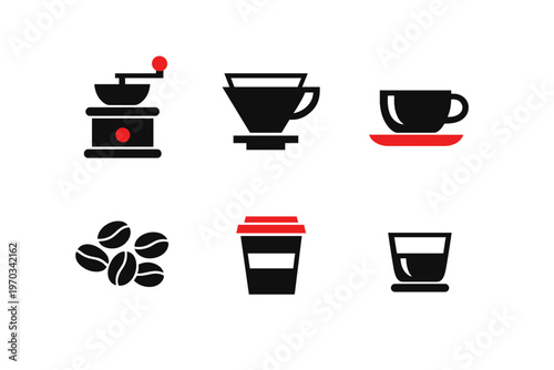 A set of six minimalist coffee icons featuring a manual grinder, pour