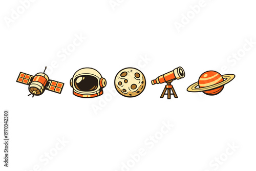 A collection of five flat vector space icons featuring a satellite