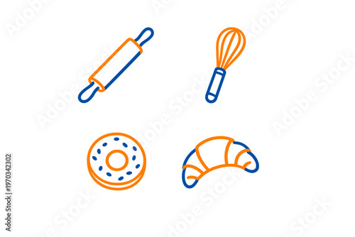 A set of four minimalist bakery icons featuring a rolling pin, a