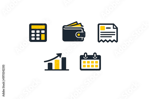 A set of five minimalist business and finance icons featuring a
