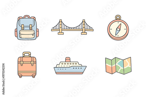 A set of six travel icons featuring a backpack, bridge, compass