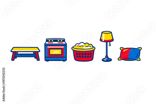 A set of five household item icons featuring a picnic table, a