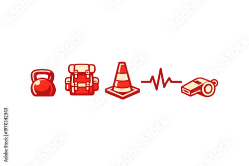 A set of five fitness and sports icons including a kettlebell