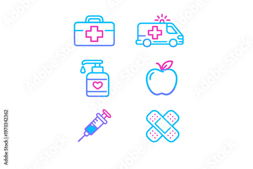 A set of six medical and healthcare icons featuring a first aid kit