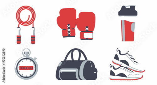 Gym equipment vector illustration boxing gloves shoes stopwatch and bag