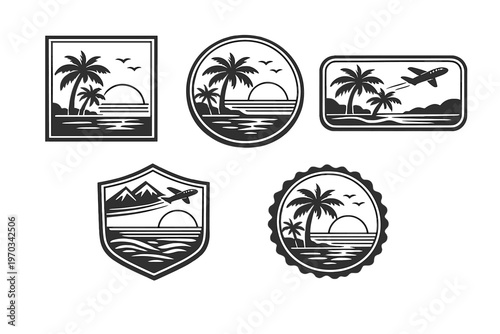 Set of five minimalist black and white travel badges depicting