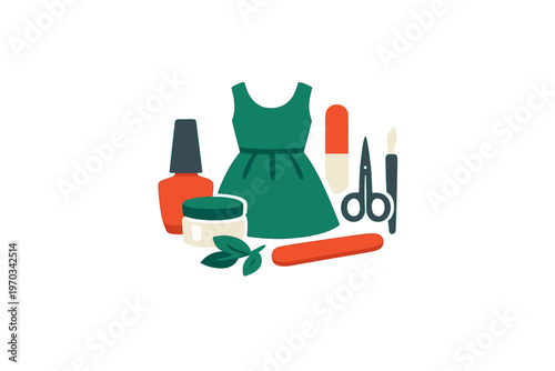 A flat vector illustration featuring a green sleeveless dress, orange