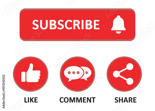 Subscribe like comment share vector, social media marketing icon set, engagement elements, notification buttons, digital content creator tools, online communication graphics