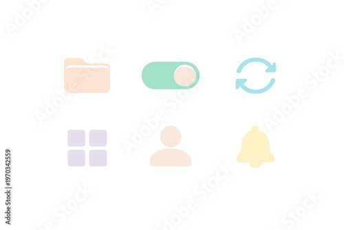 A set of six 3D pastel icons including a folder, toggle switch, sync