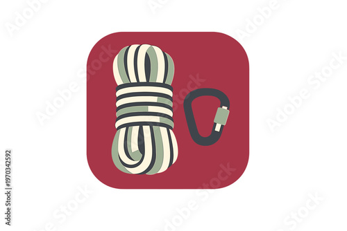 A flat illustration of a coiled climbing rope and a carabiner on a