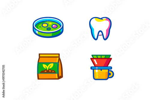 A collection of four colorful vector icons featuring a petri dish