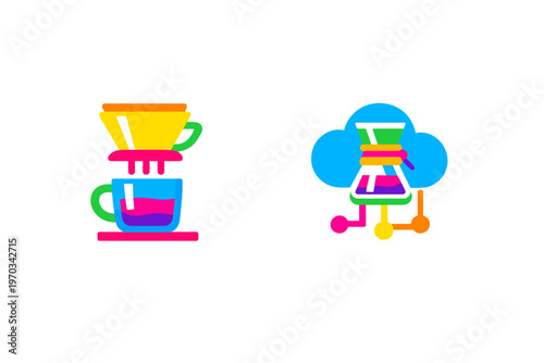 A vibrant flat vector illustration featuring two coffee-themed icons