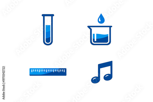 A collection of four blue educational and scientific icons including