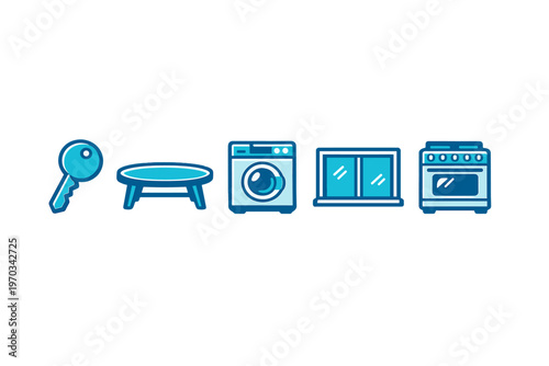 A collection of blue flat icons representing household items