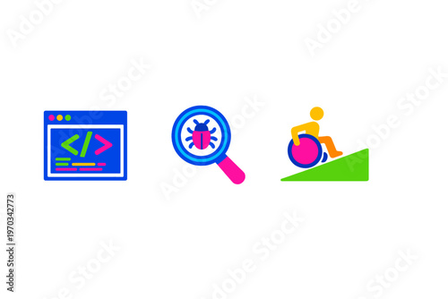 A set of three flat vector icons on a white background representing