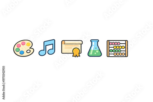 Set of five colorful school subject icons featuring an art palette