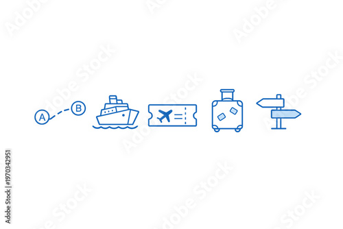 A collection of blue line icons representing travel and tourism